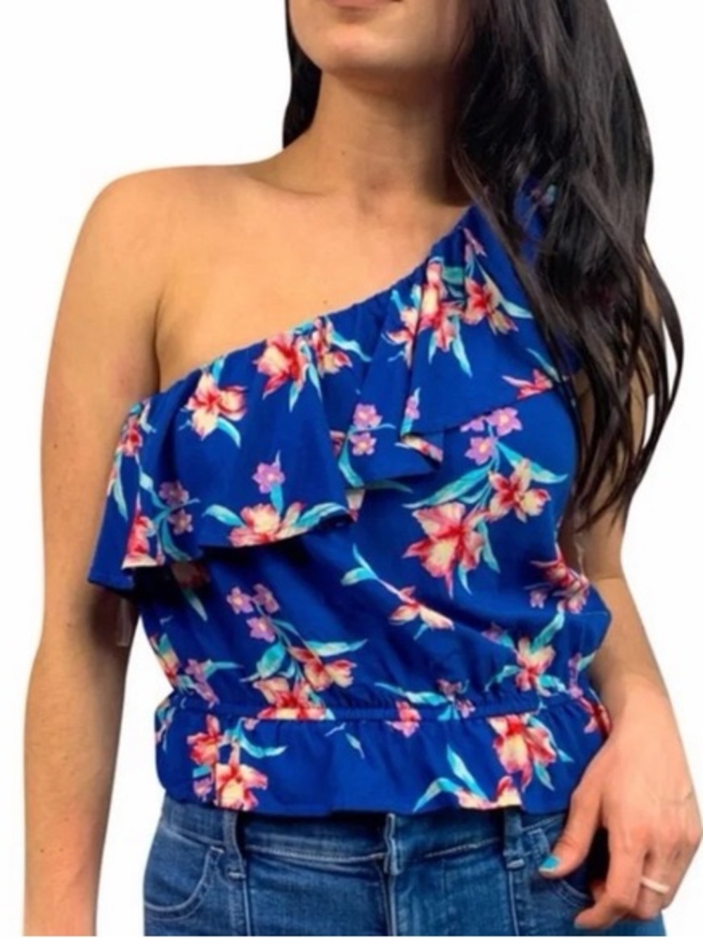 American Eagle Floral One Shoulder Ruffle Top Small Blue Tropical Boho - Picture 6 of 6